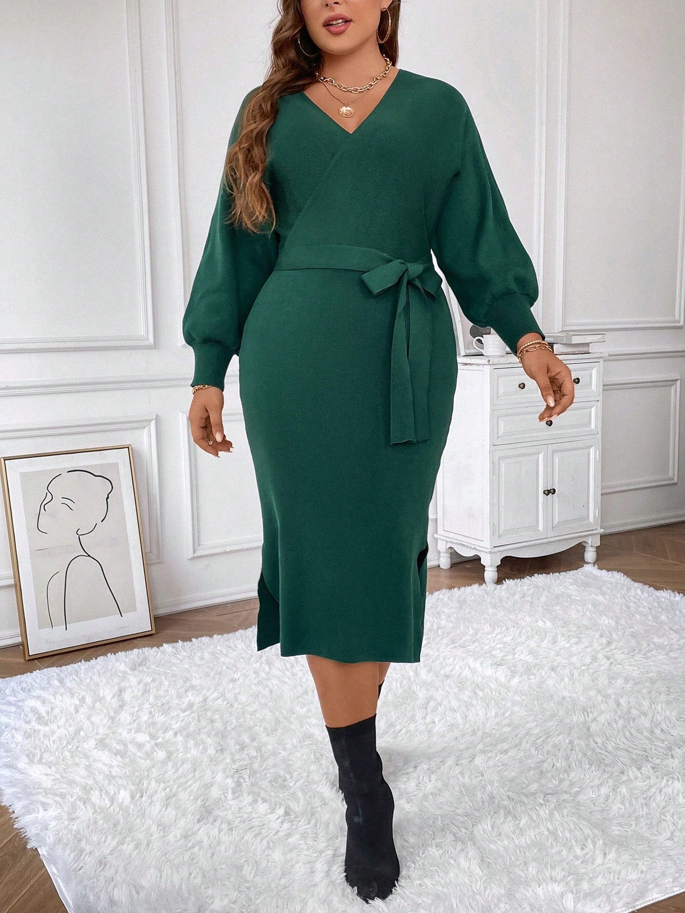 Plus Surplice Neck Split Hem Belted Sweater Dress