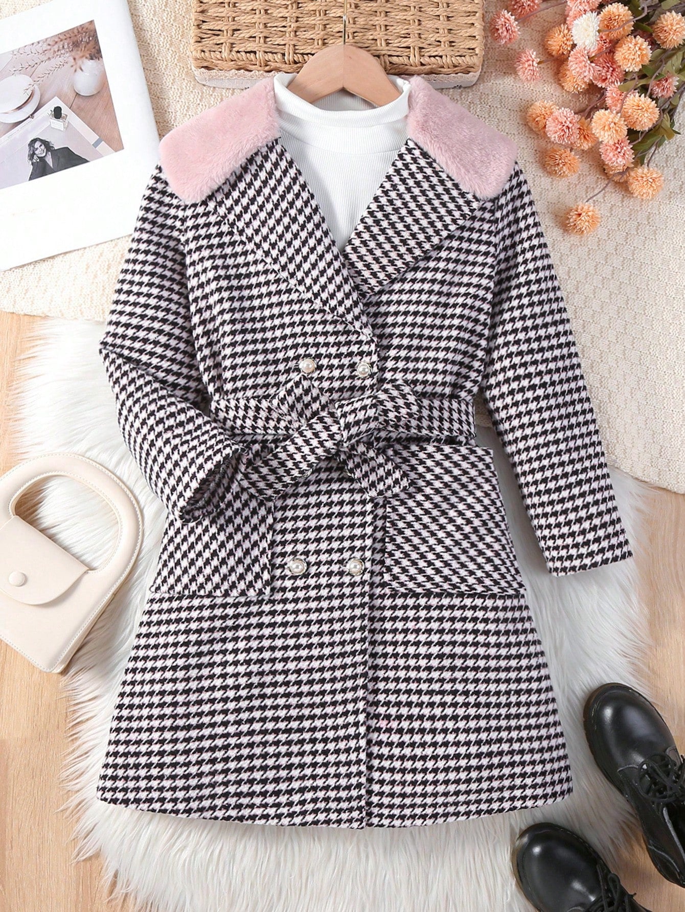 Tween Girl 1pc Houndstooth Print Borg Collar Double Breasted Belted Overcoat