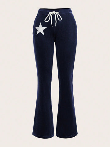 Star Pattern Drawstring Waist Flare Leg Pants