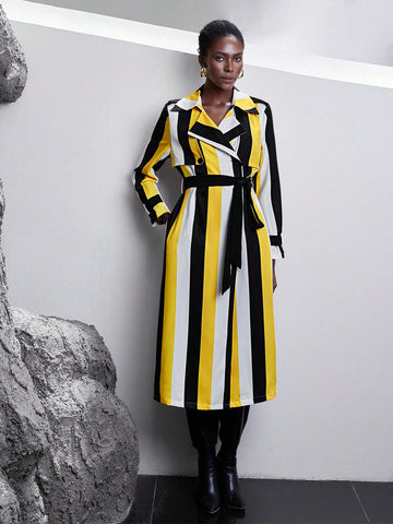 Striped Print Belted Trench Coat