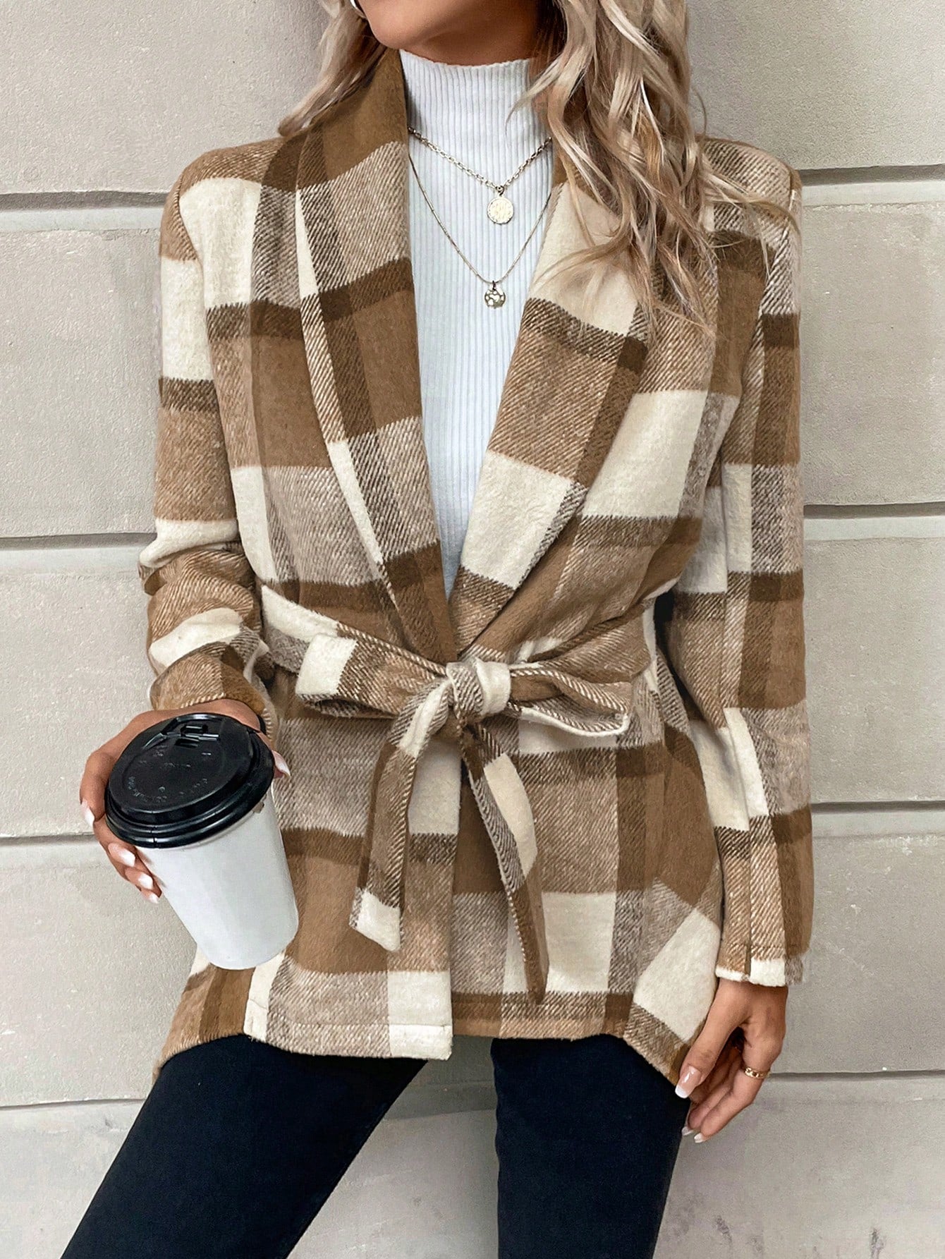 Plaid Print Belted Coat