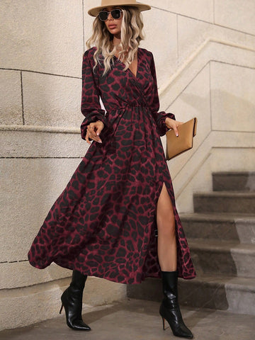 Leopard Print Lantern Sleeve Split Thigh Dress