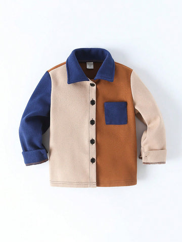 Young Boy Colorblock Patched Pocket Button Front Overcoat