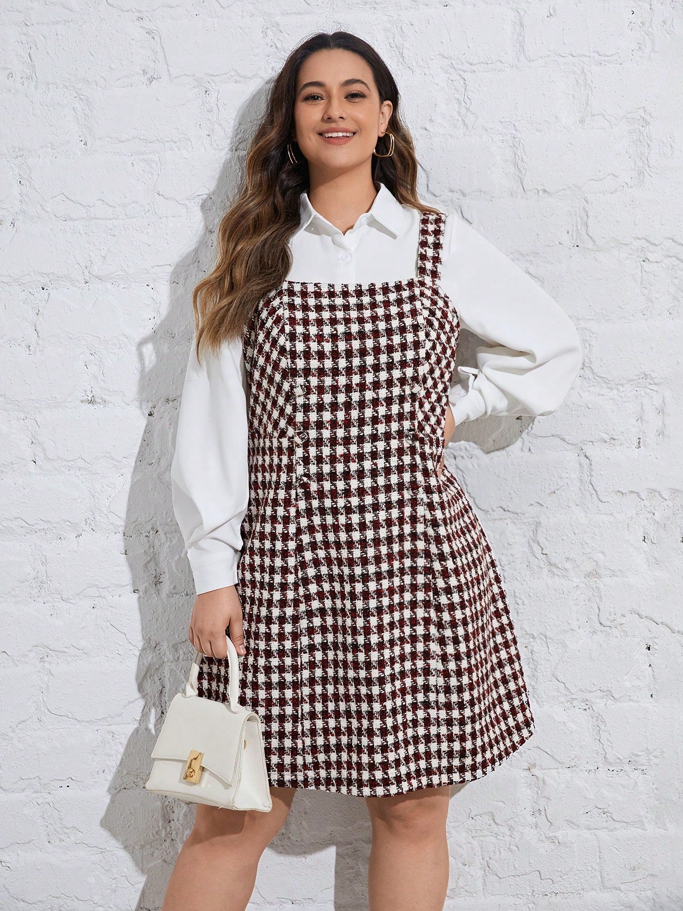 Plus Houndstooth Print Overall Dress Without Blouse