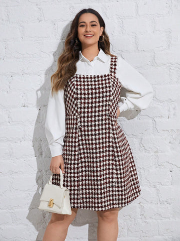 Plus Houndstooth Print Overall Dress Without Blouse