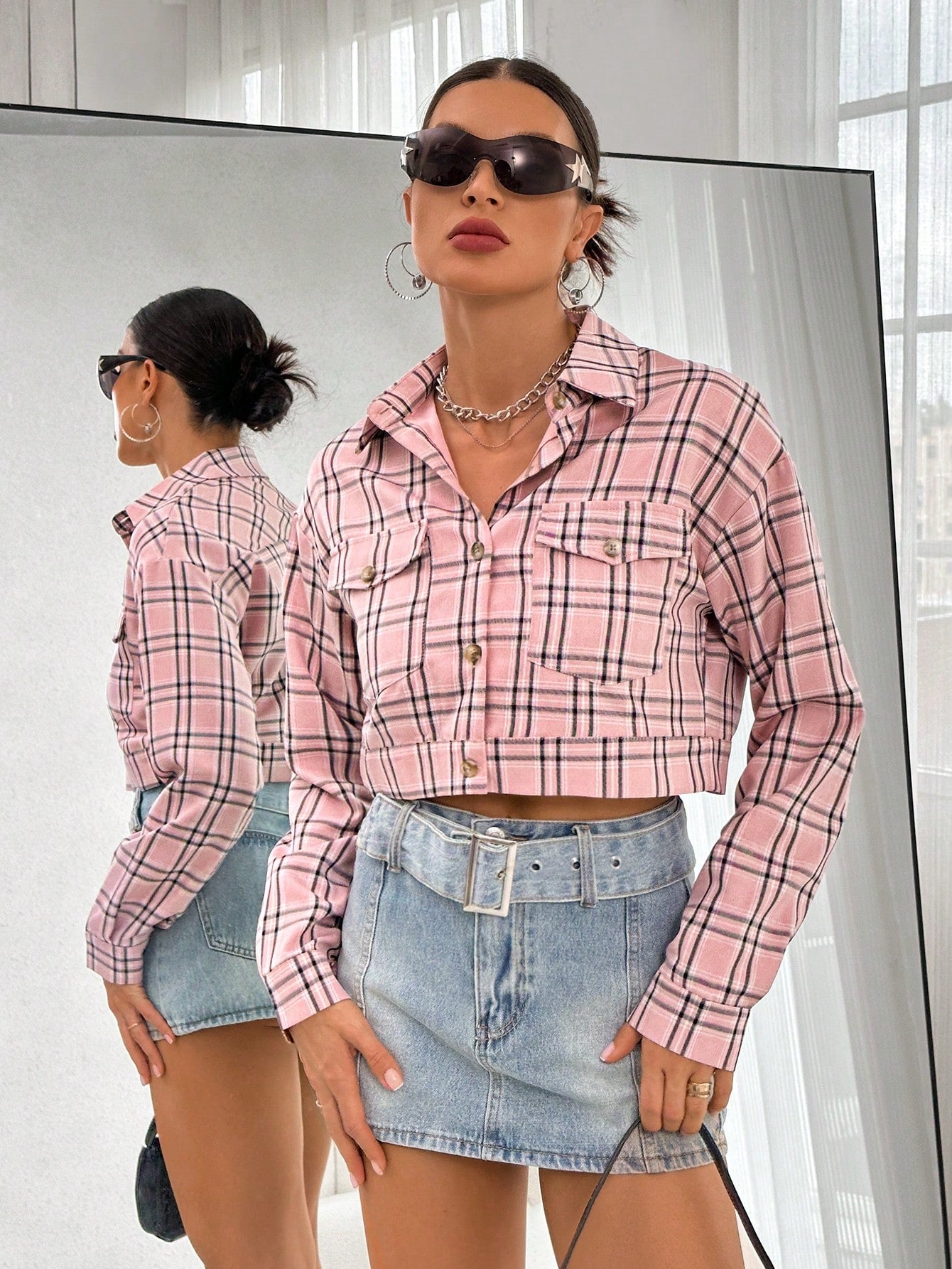 Plaid Print Drop Shoulder Crop Jacket