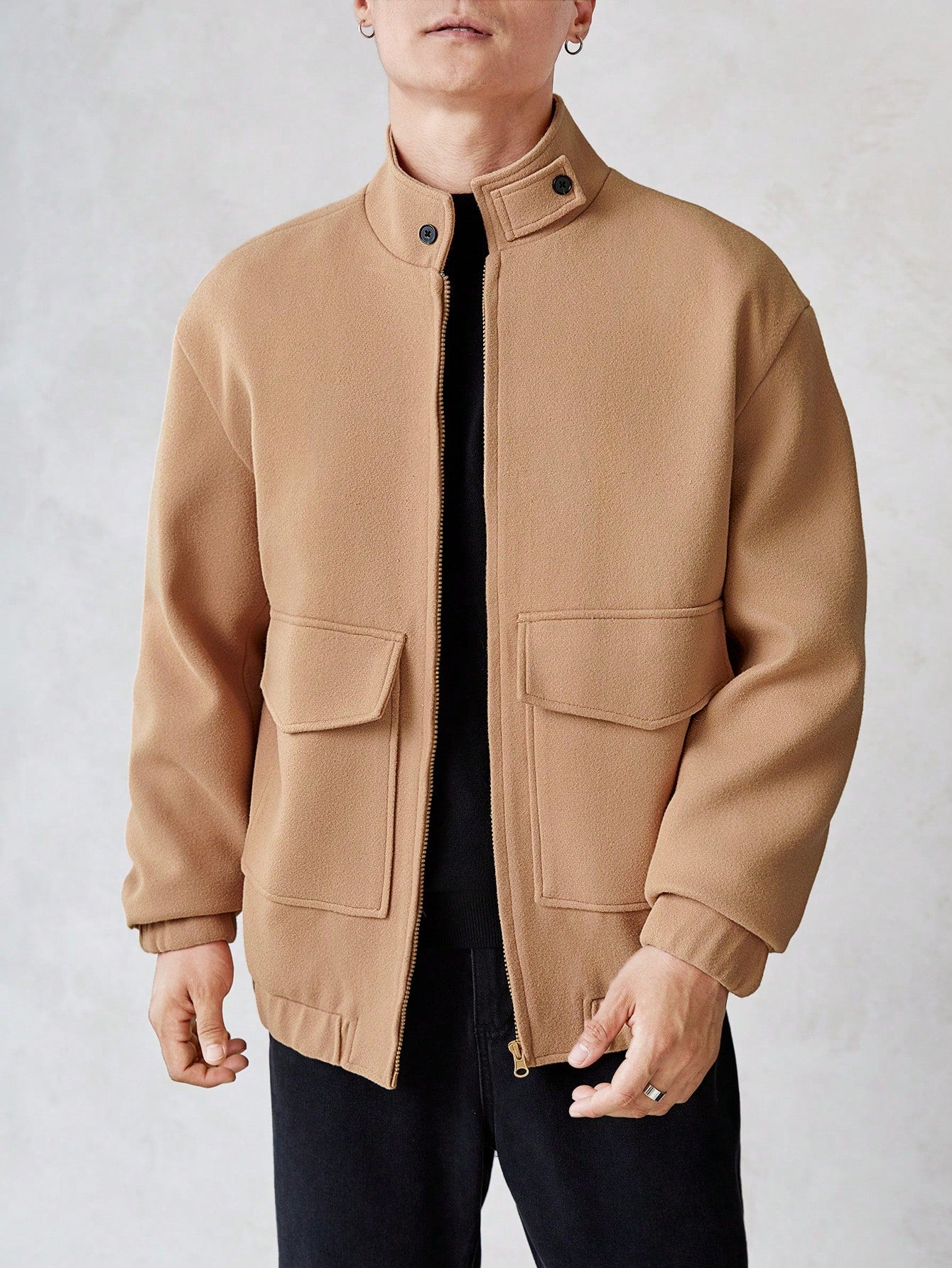 Loose Men's Zip-Up Coat With Flap Pockets