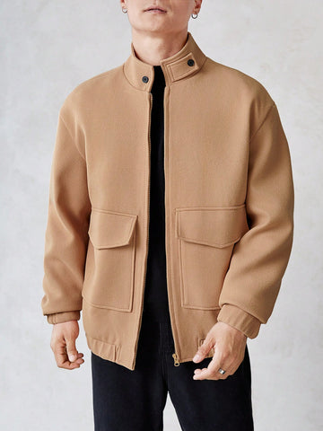 Loose Men's Zip-Up Coat With Flap Pockets