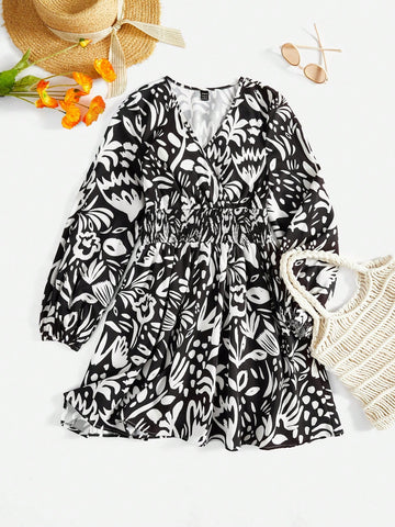 Allover Print Surplice Neck Dress