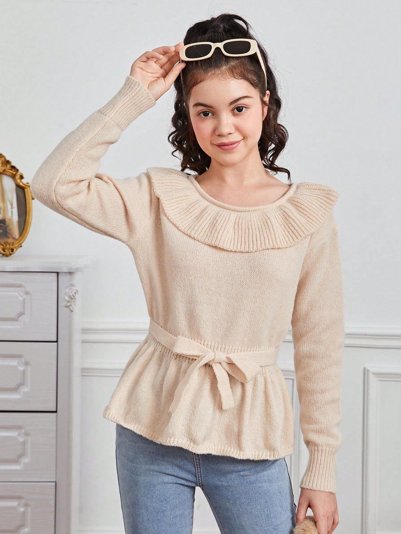 Teen Girl Ruffle Trim Belted Sweater