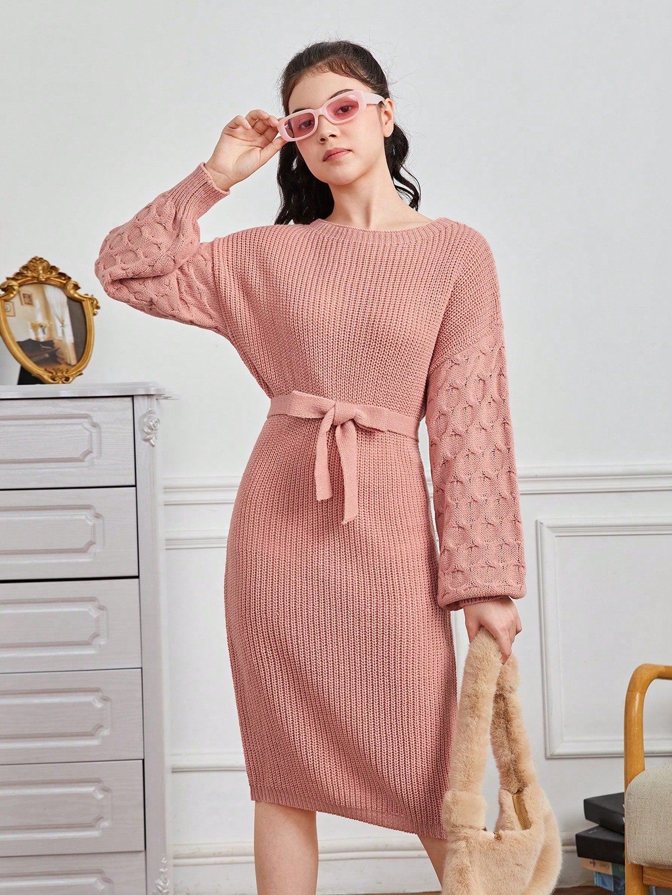 Teen Girl Drop Shoulder Belted Sweater Dress