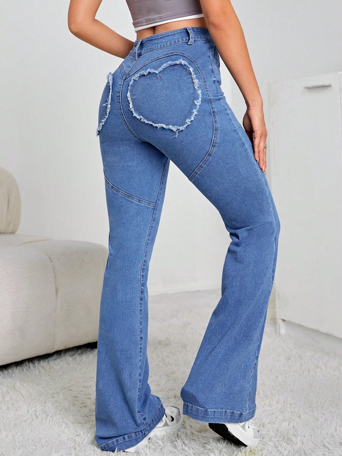 High Waist Heart Pattern Flare Leg Jeans