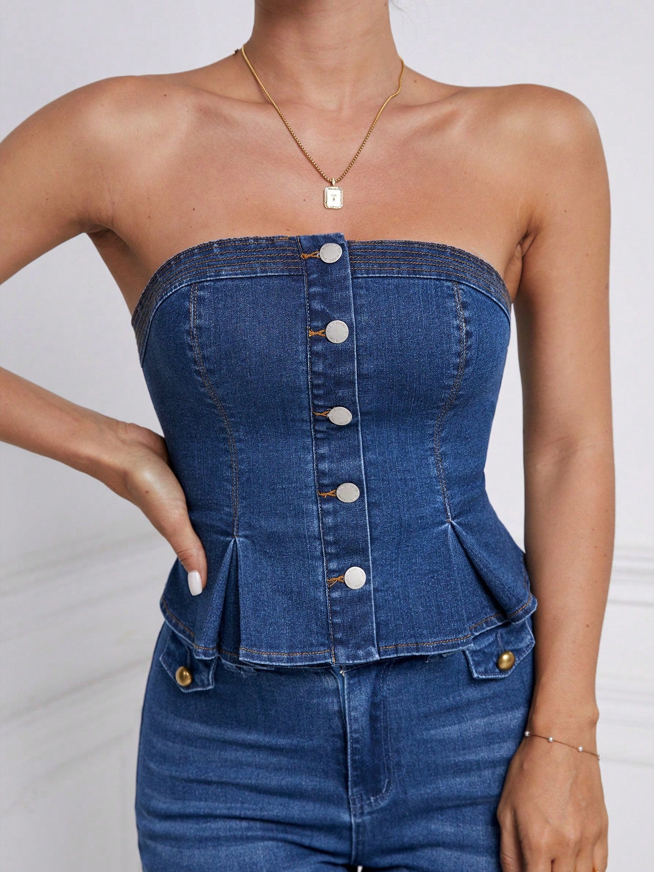Button Front Fold Pleated Denim Tube Top