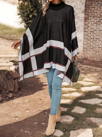 Color Block Turtleneck Batwing Sleeve Sweater