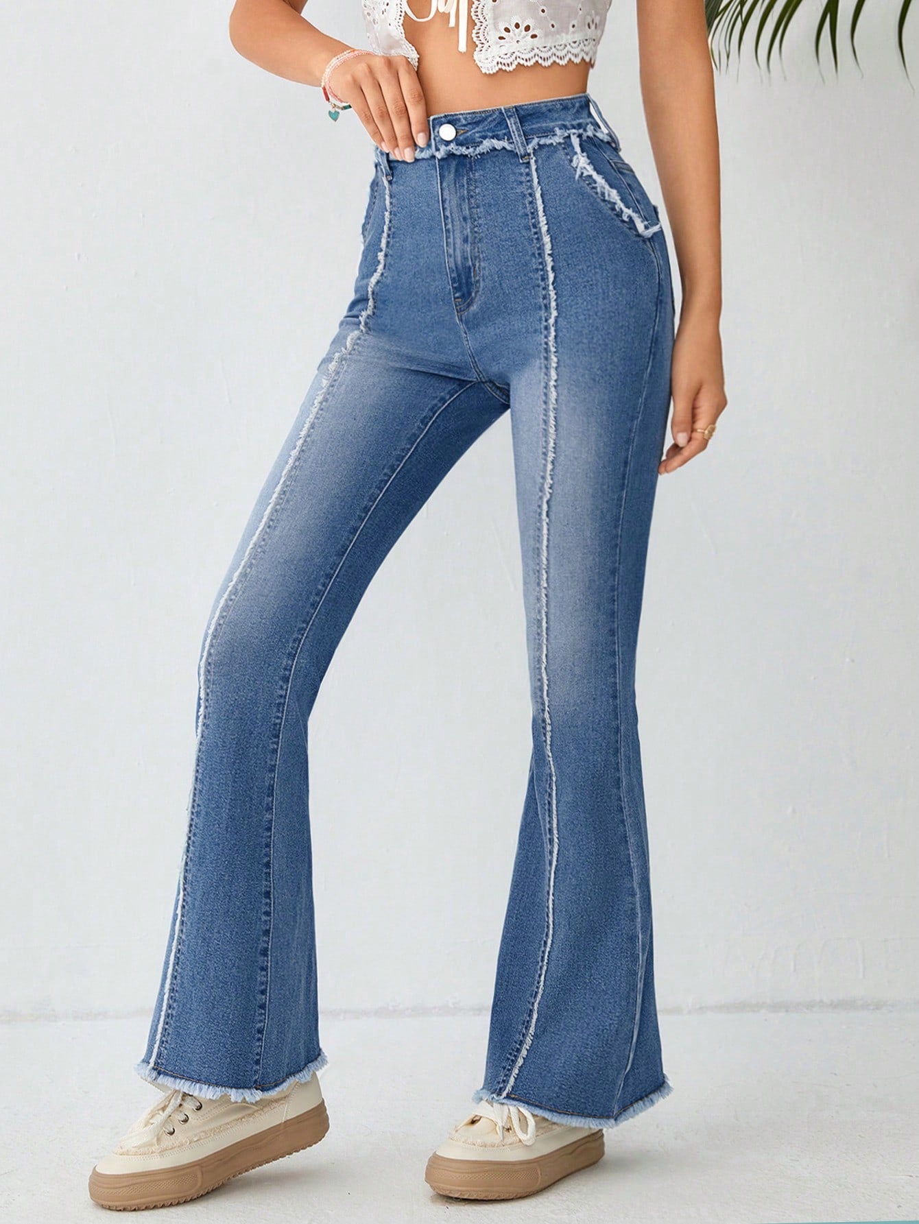 High Waist Raw Trim Flare Leg Jeans