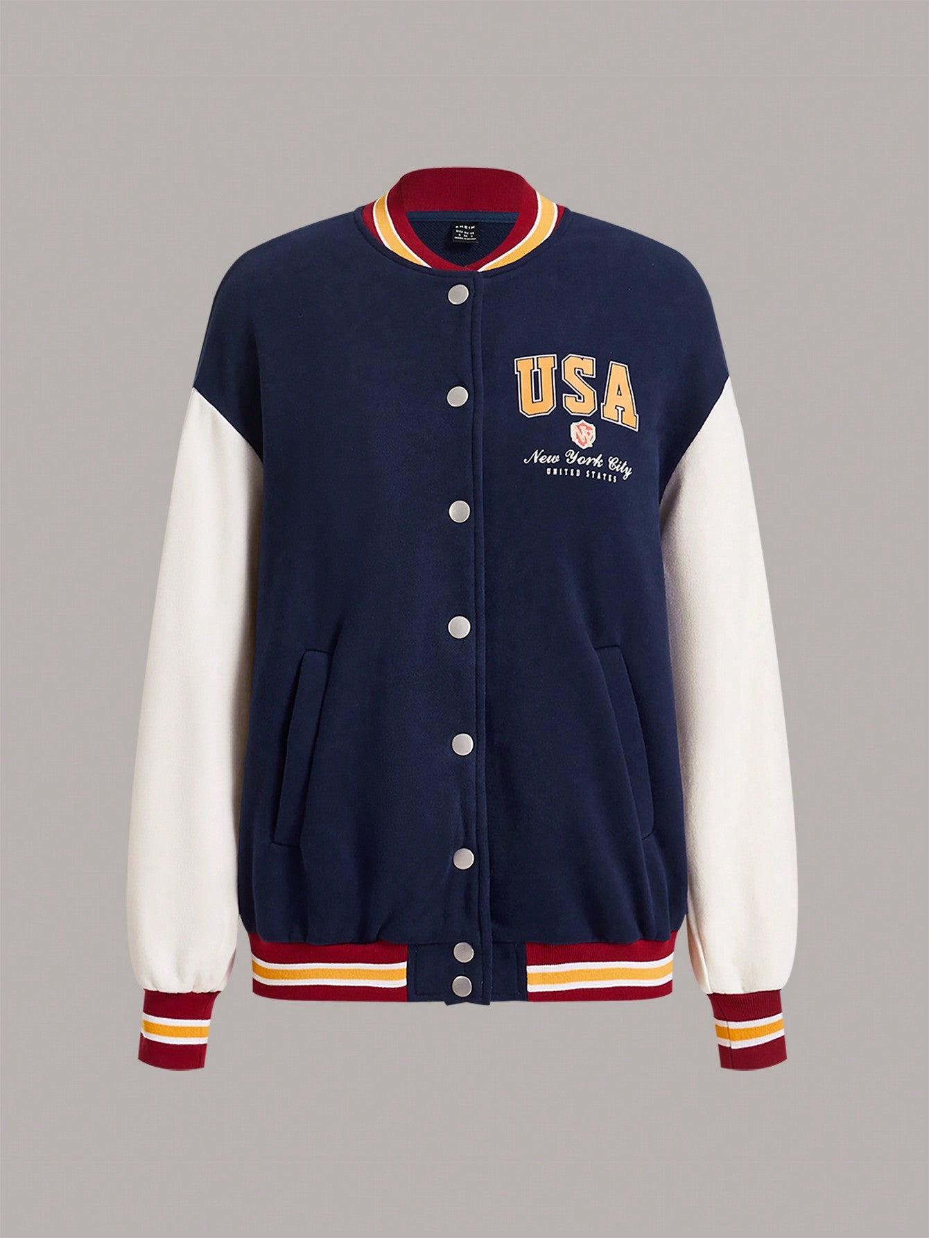 Letter Graphic Striped Trim Drop Shoulder Varsity Jacket