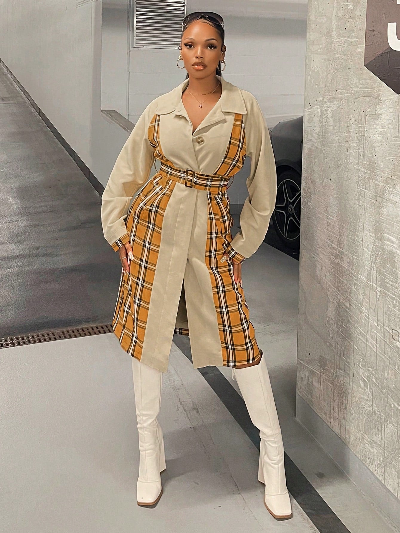 Plaid Print Belted Coat