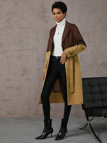 Two Tone Single Breasted Belted Trench Coat