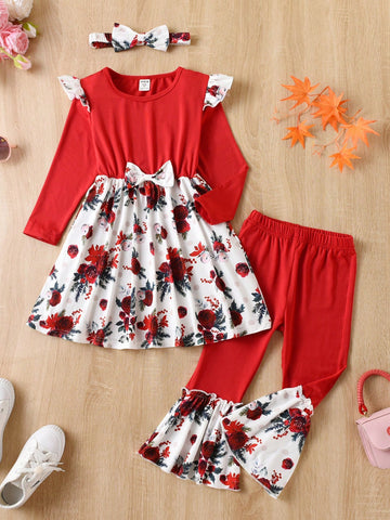 Young Girl Floral Print Ruffle Trim Bow Front Dress & Flare Leg Pants & Headband