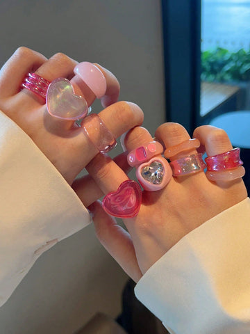 11pcs/set Fashionable Pink Heart Shaped Resin/crystal Women's Rings, Party/punk Jewelry