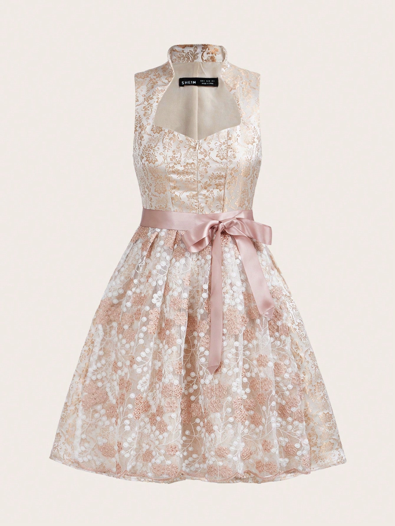 Floral Jacquard Embroidery Mesh Panel Belted Dress