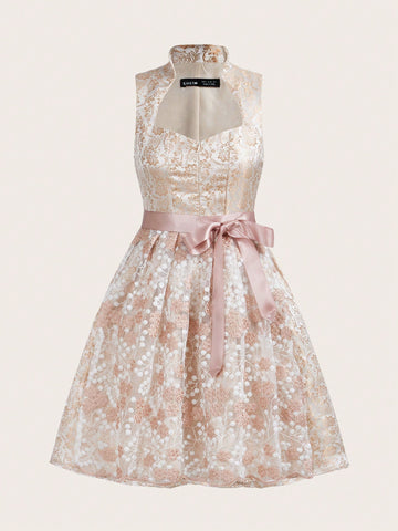 Floral Jacquard Embroidery Mesh Panel Belted Dress