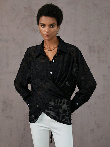 Jacquard Wrap Cross Drop Shoulder Shirt