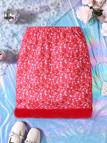 Teen Girl Sequin Effect Fuzzy Hem Skirt