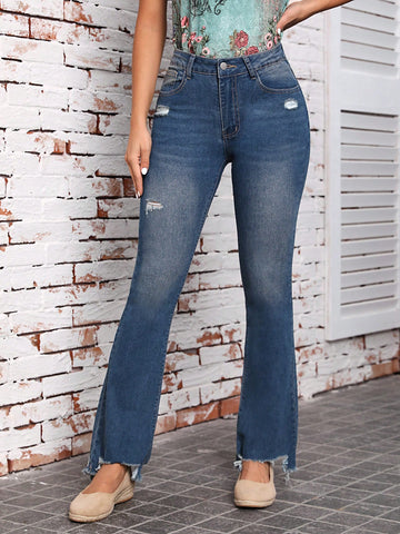 Ripped Raw Hem Flare Leg Jeans