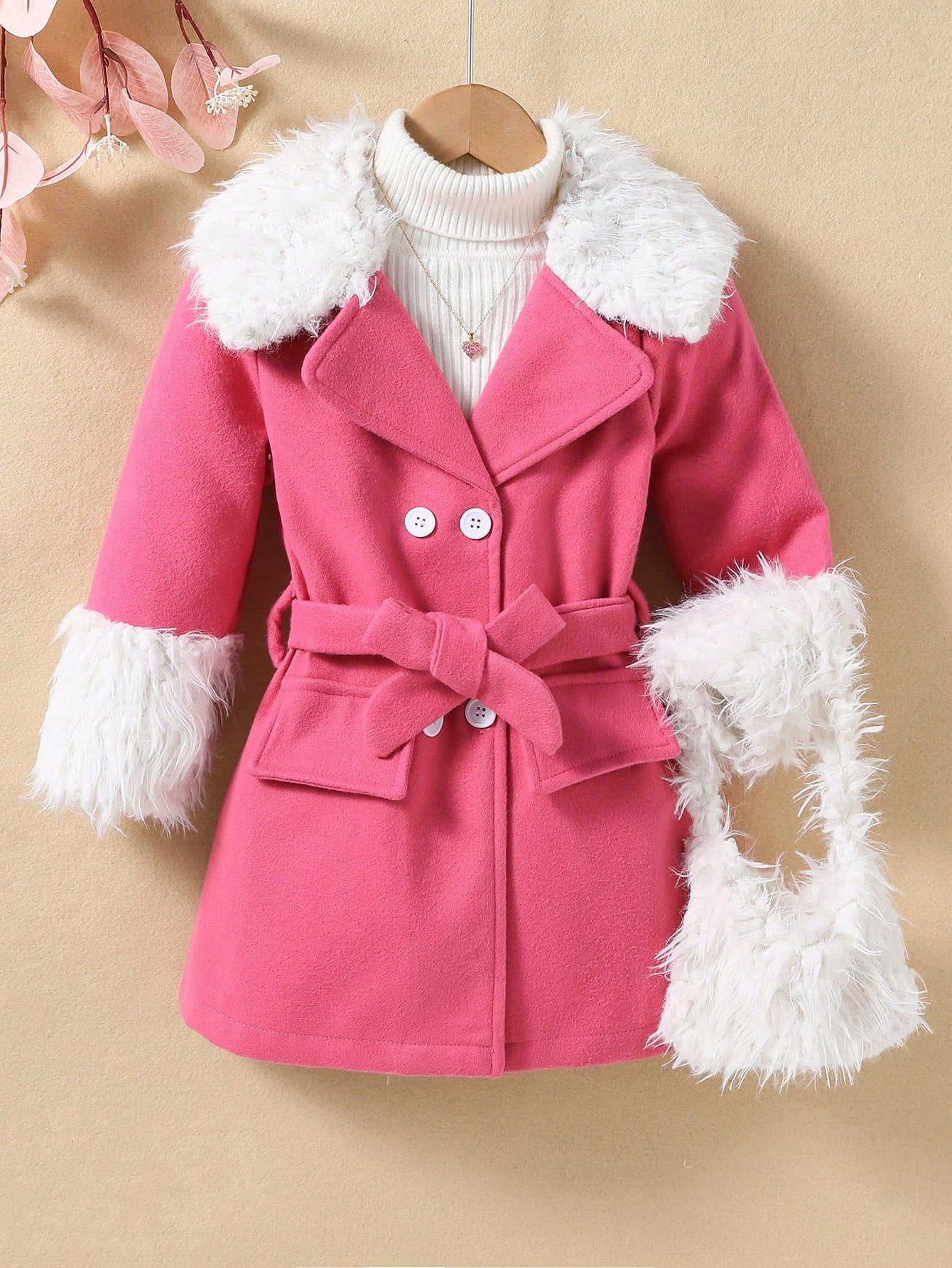 Young Girl 1pc Contrast Fuzzy Trim Double Breasted Belted Coat With Bag