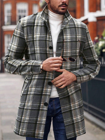 Men's Loose Fit Plaid Printed Button-Up Overcoat