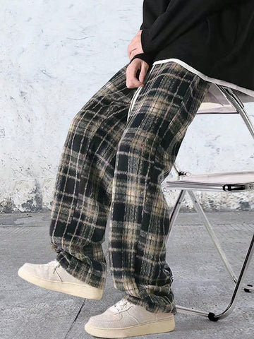 Men's Loose Plaid Print Drawstring Waist Pants