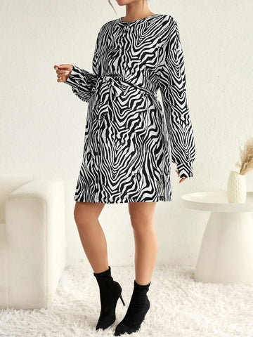 Maternity Zebra Striped Drop Shoulder Belted Dress