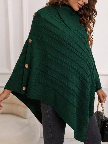 Maternity Turtleneck Button Detail Cable Knit Poncho Sweater