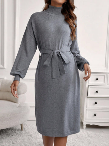 Maternity Turtleneck Drop Shoulder Belted Sweater Dress