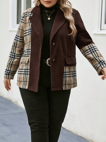 Plus Plaid Print Lapel Neck Blazer