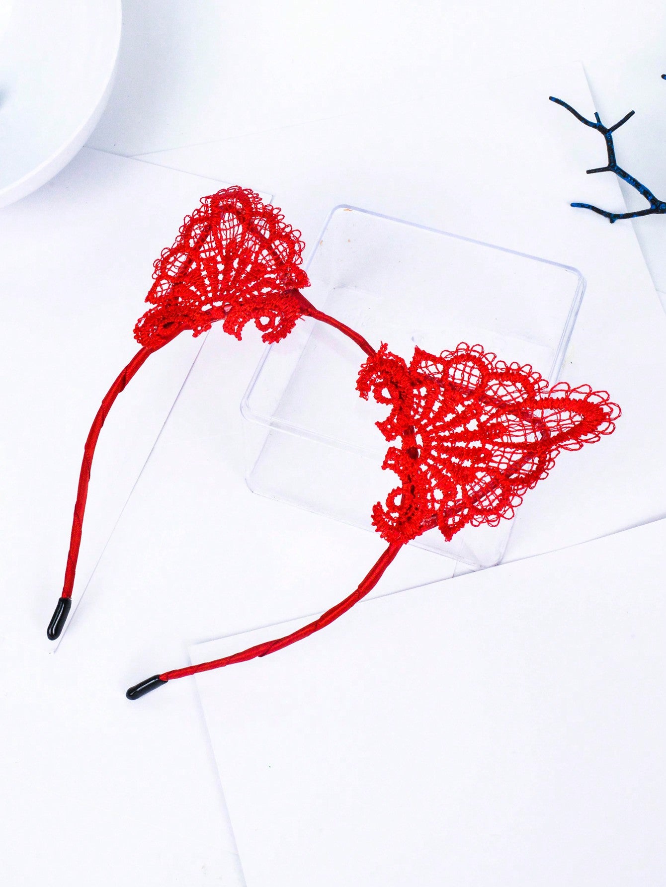 1pc Ladies' Red Lace Hollow Out Floral Cat Ear Headband For Festival Party Decoration, Cute Fabric Hair Accessory For Nightclub Catwoman Costume