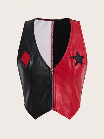 Patched Detail Zip Up PU Leather Costume Vest Jacket