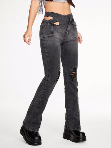 Cut Out Waist Ripped Flare Leg Jeans