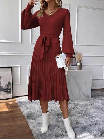 Lantern Sleeve Pleated Hem Belted Sweater Dress