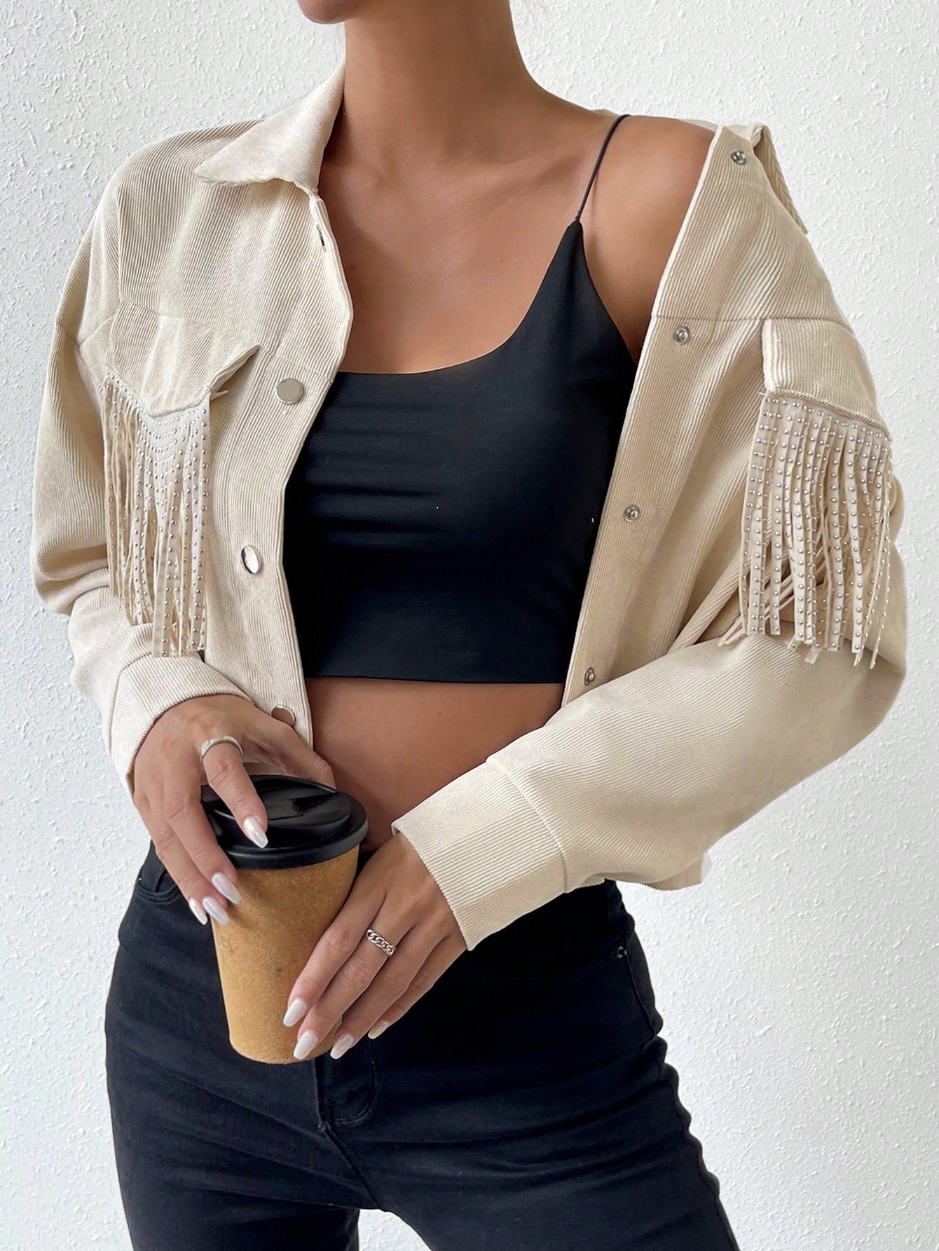 Fringe Trim Flap Pocket Drop Shoulder Crop Jacket