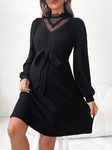 Maternity Contrast Mesh Mock Neck Belted Dress