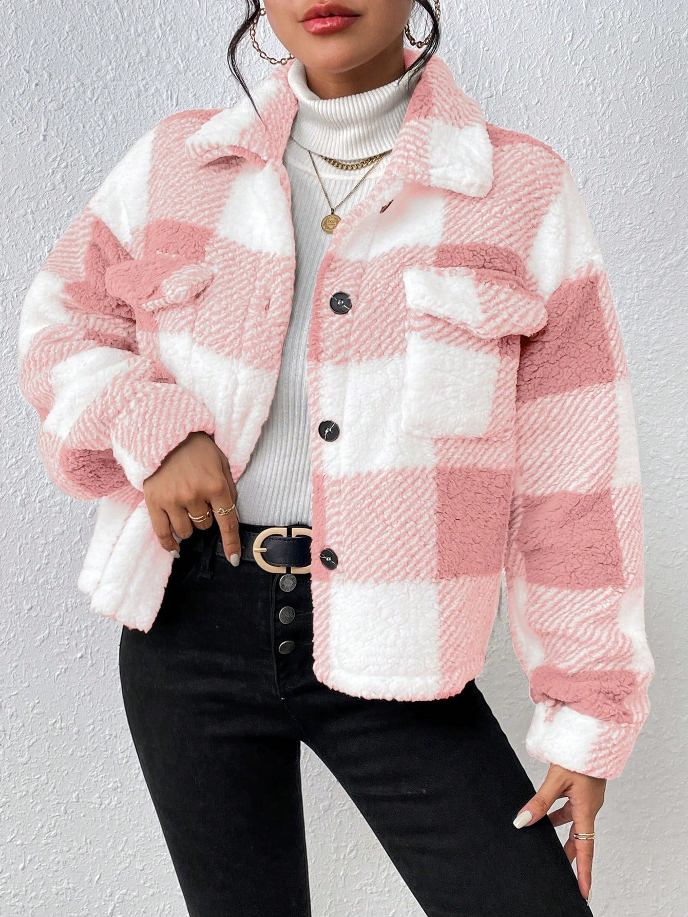 Buffalo Plaid Print Drop Shoulder Flap Pocket Teddy Jacket