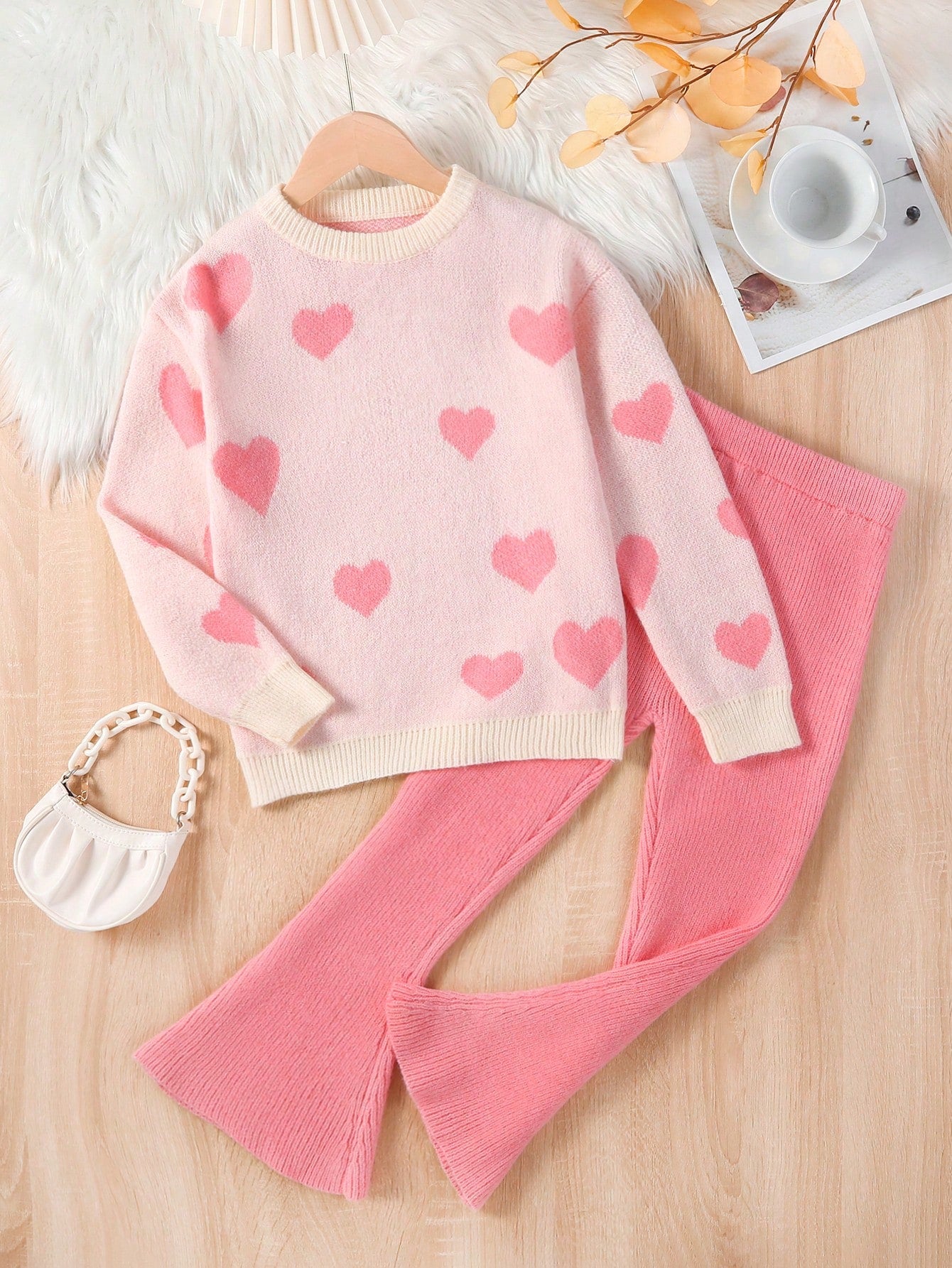 Tween Girl Heart Pattern Sweater & Flare Leg Knit Pants