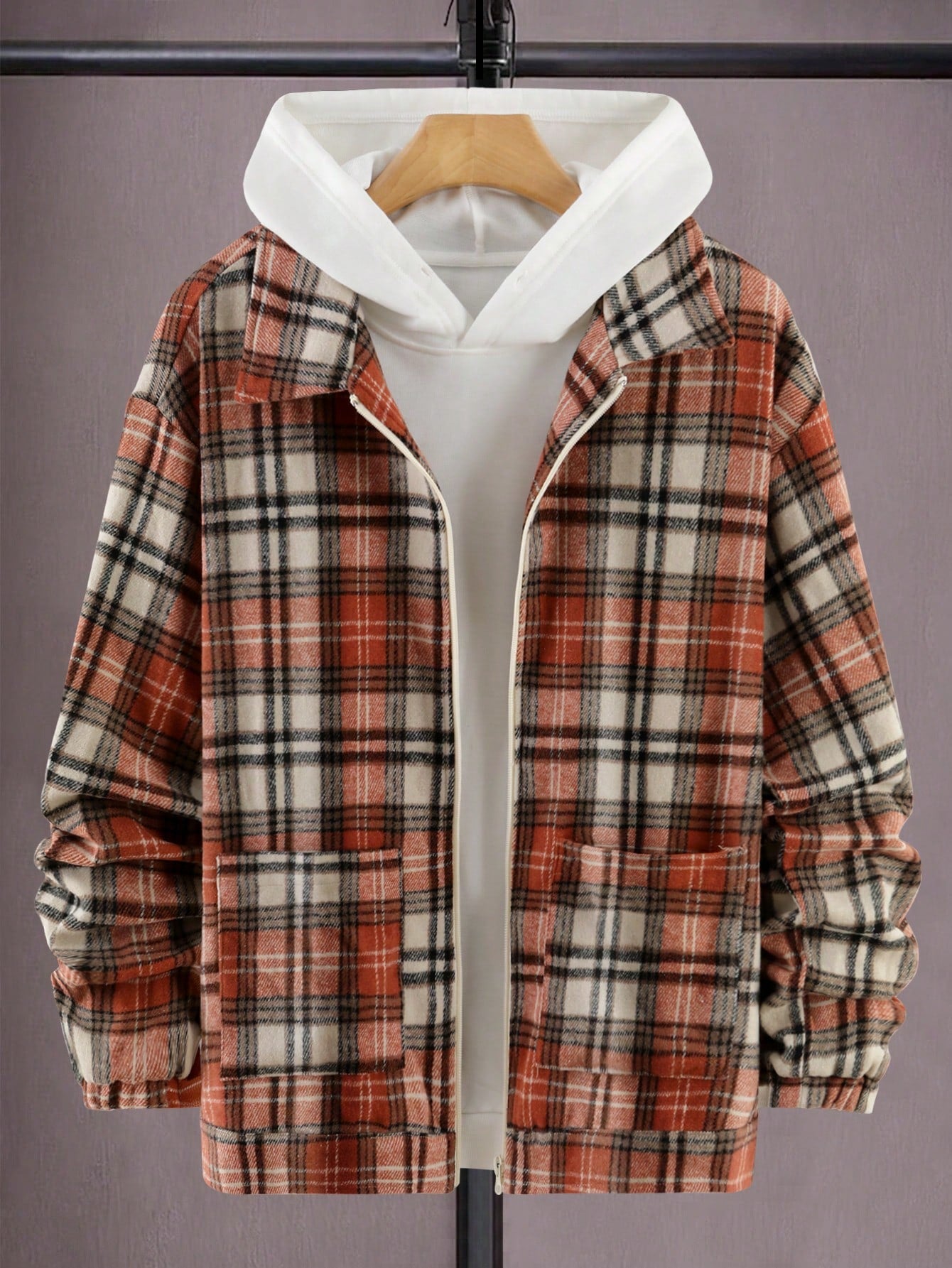 Men Plaid Print Zip Up Overcoat Without Hoodie