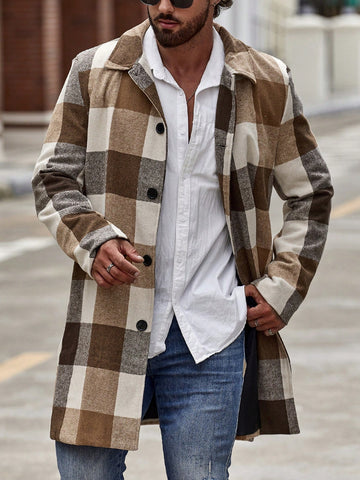 1pc Men's Loose Fit Plaid Print Overcoat