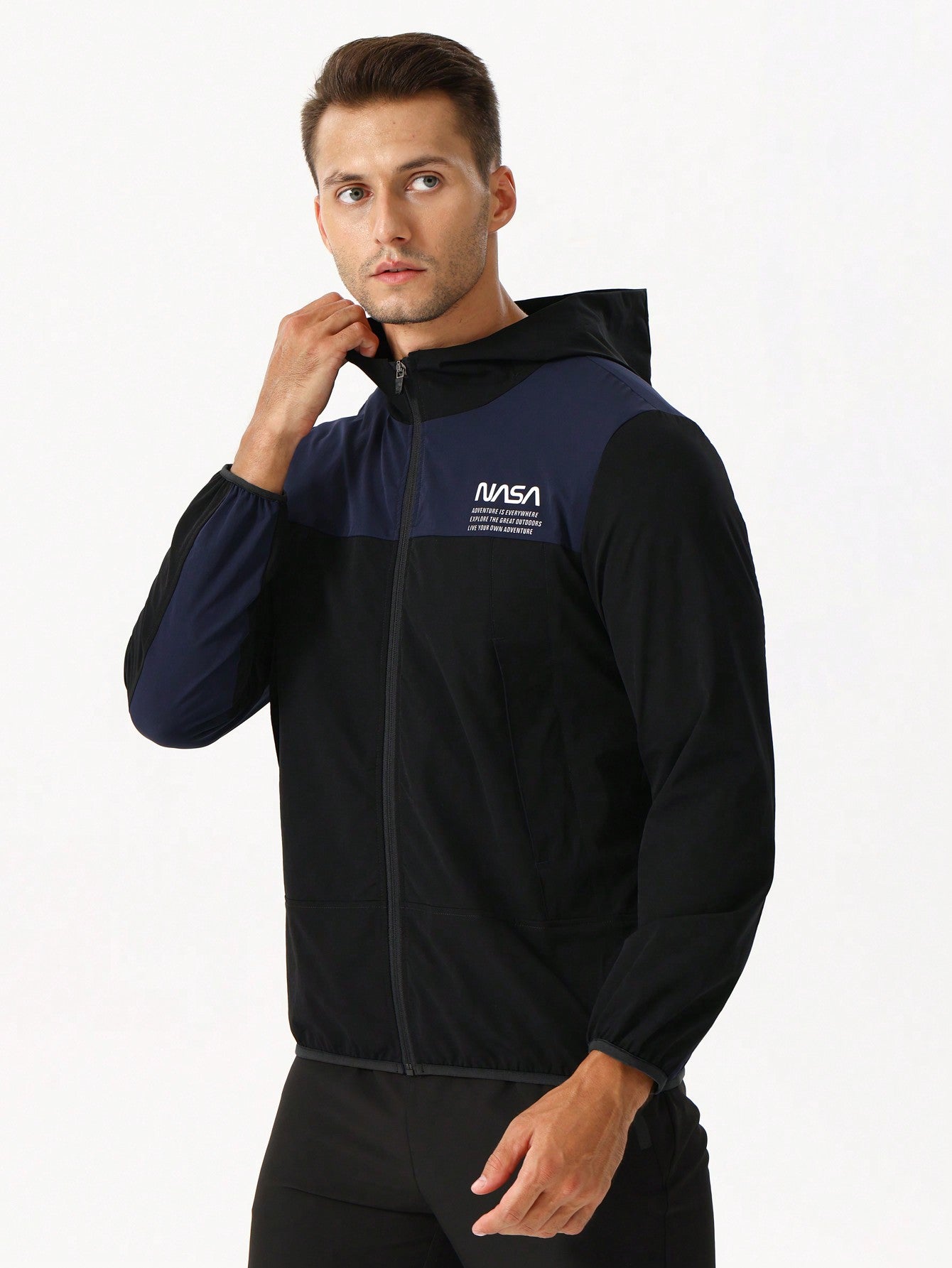 Men Letter Graphic Two Tone Zip Up Hooded Sports Jacket