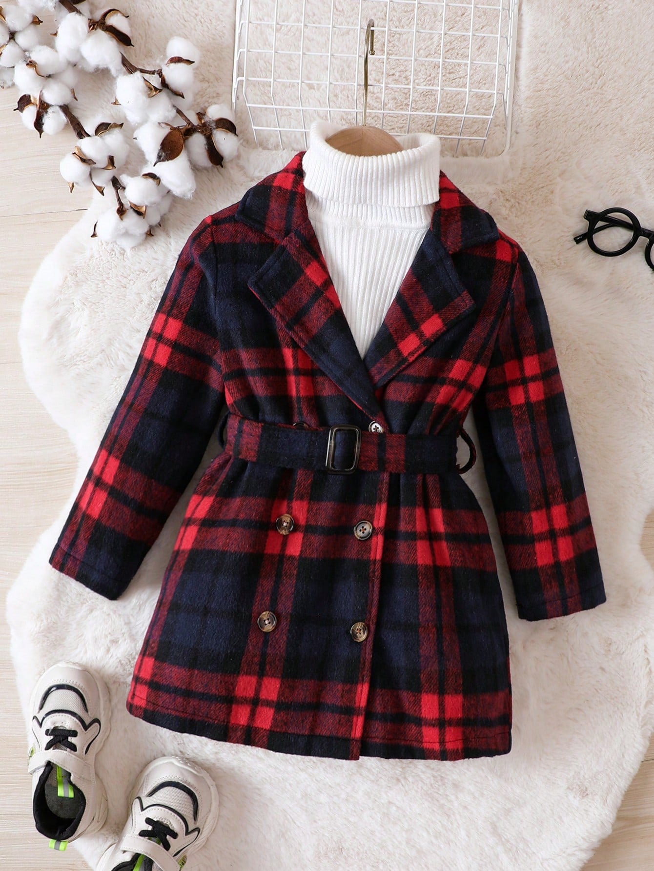 Young Boy Plaid Double Breasted Belted Tweed Overcoat Without Sweater