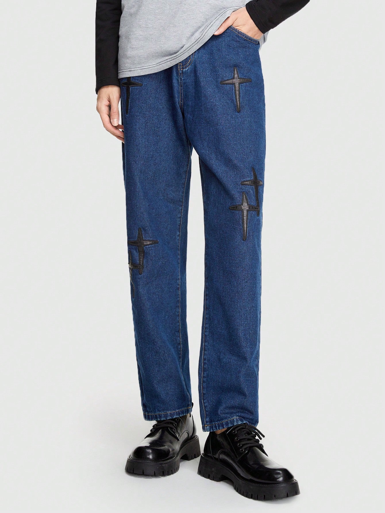 Men Cross Pattern Straight Leg Jeans