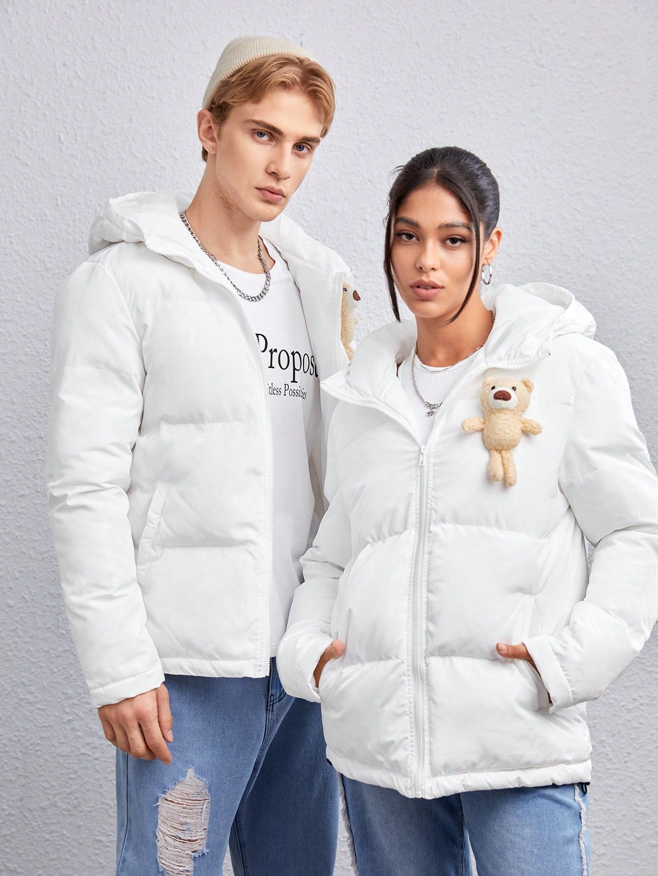 1pc Solid Zip Up Hooded Puffer Coat